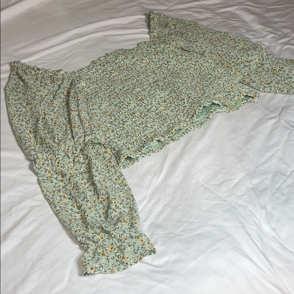 Light Green Floral Off the Shoulder Blouse